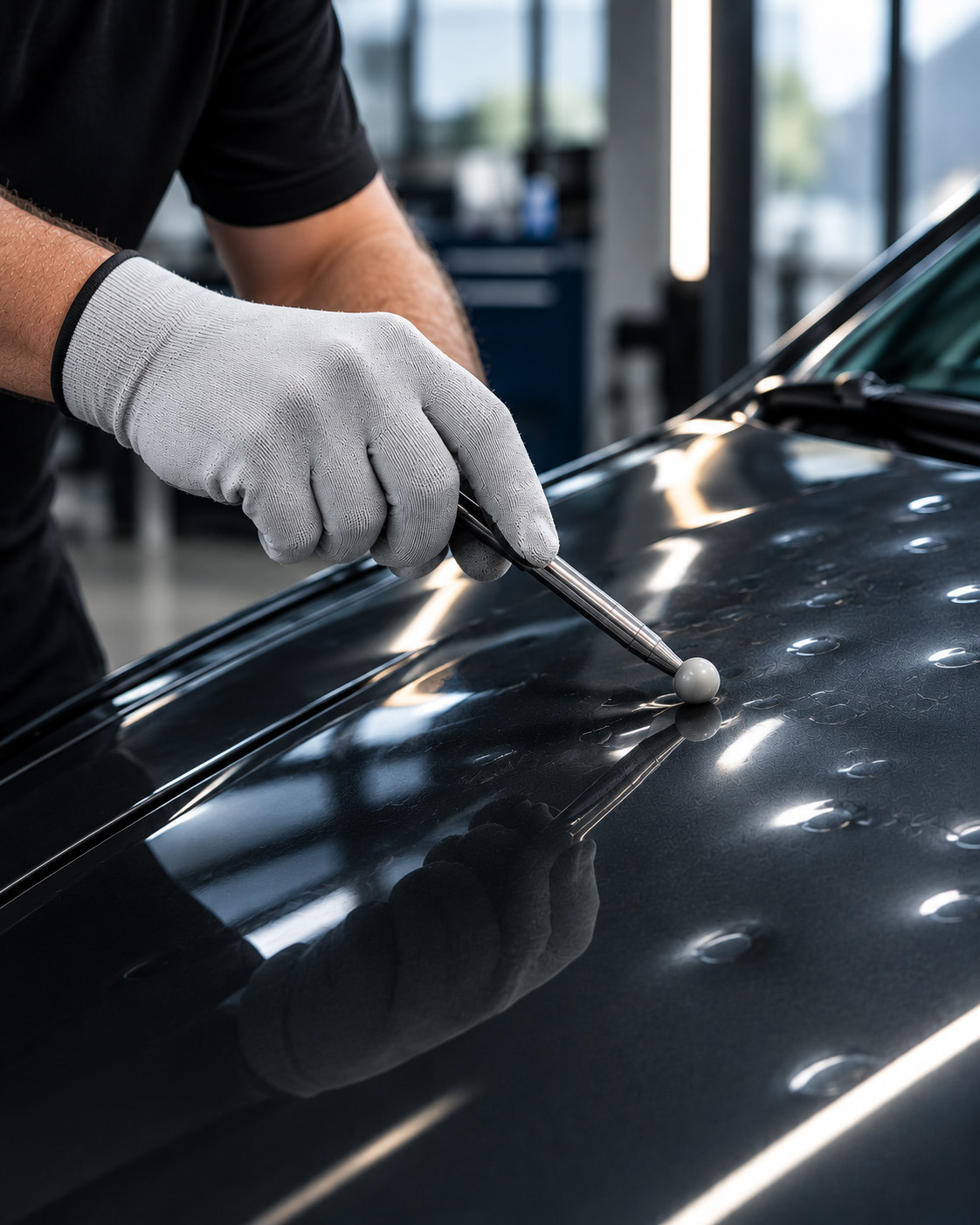 Eine Hand in weißem Handschuh repariert ein Hagelschaden auf einer Motorhaube
