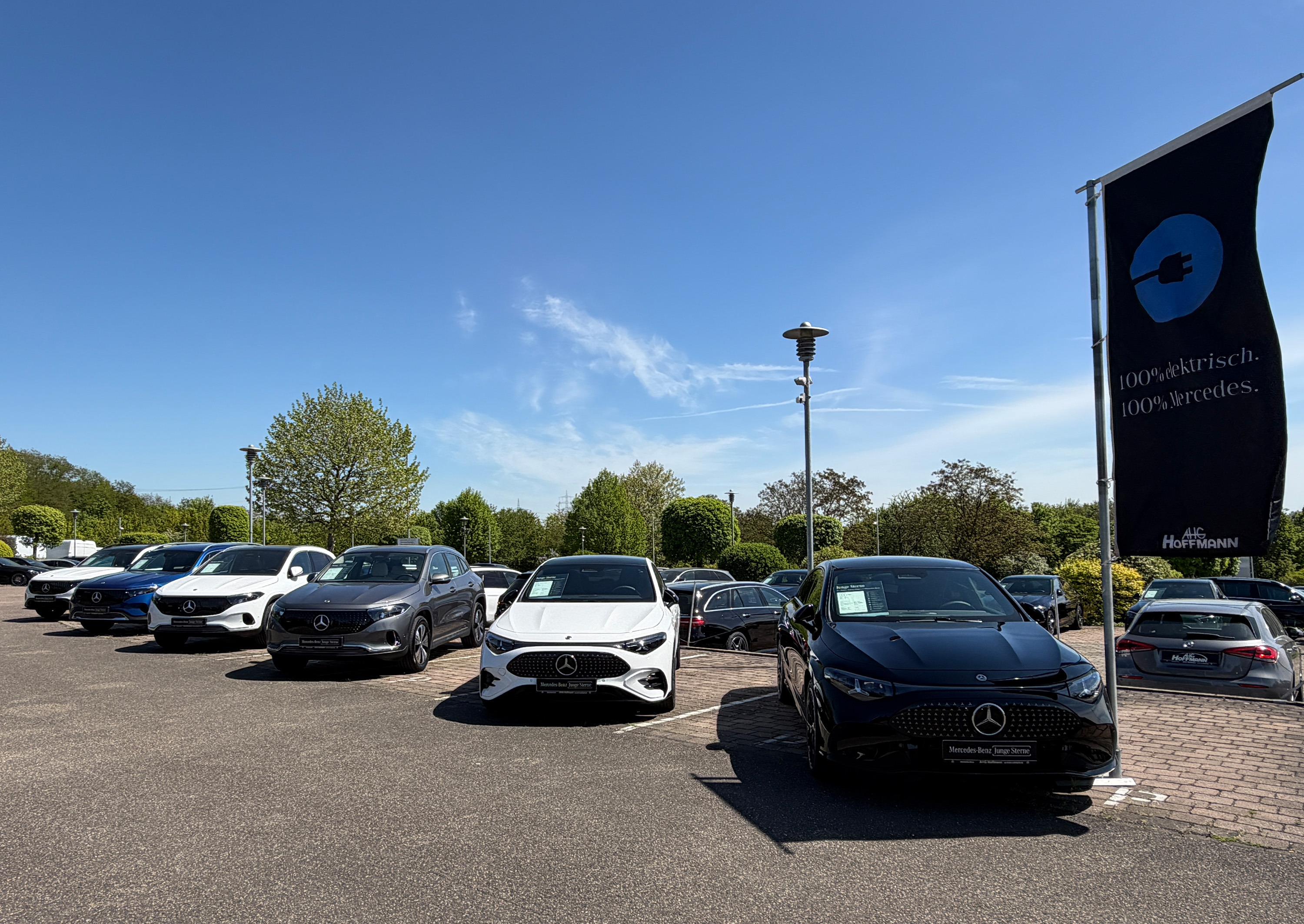 Eine Auswahl an vollektrischen Mercedes-Benz stehen aufgereiht auf dem Hof des Autohauses